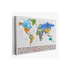 Dünya Haritası Ülke Bayraklı ve Dekoratif Kanvas Tablo 2413