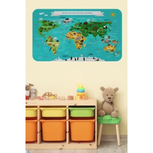 Eğitici Dünya Haritası Dünya Atlası Çocuk ve Bebek Odası Duvar Sticker-60x105-3780