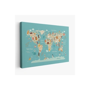Hayvanlar Alemi Çocuk Odası Dünya Haritası Kanvas Tablo 1013
