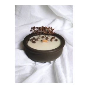 Kahve Kokulu Aromaterapi Mum, Ahşap Fitilli, Dekoratif Doğal Çömlek Mum