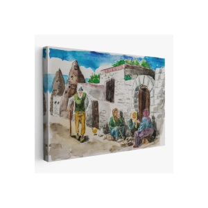 Kapadokya Göremede Bir Köy Suluboya Görünüm Dekoratif Tablo-3756