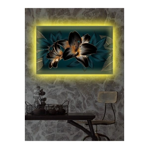 Led Işıklı 3d Gold Mavi Çiçek Kanvas Tablo