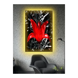 Led Işıklı Siyah Kırmızı Çiçek Kanvas Tablo