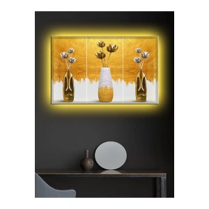 Led Işıklı Üçlü Gold Vazo Çok Şık Kanvas Tablo