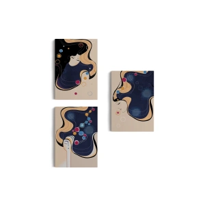 Mavi Ağırlıklı  Zarif Kadınlar Duvar Tablosu Üçlü Set-DK-88