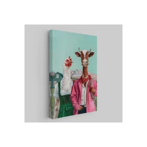 Tavuk ve İnek Amerikan Gotik Komik Çiftlik Tablosu-6349