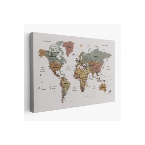 Türkçe Detaylı Dünya Haritası Dekoratif Renkli Zeminli Kanvas Tablo 1701