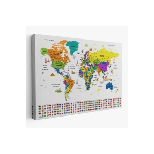 Türkçe Dünya Haritası Ayrıntılı Eğitici  Sembollü Bayraklı Dekoratif Kanvas Tablo 2832
