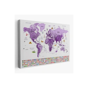 Türkçe Dünya Haritası Ayrıntılı Eğitici  Sembollü Bayraklı Kanvas Tablo 2818