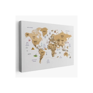 Türkçe Dünya Haritası Dekoratif Kanvas Tablo Ülke-Başkentli Öğretici ve Sembollü 2322