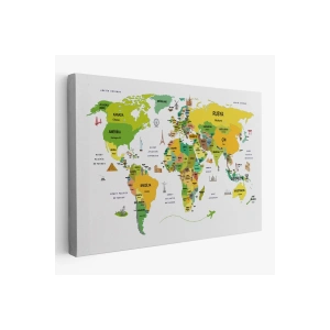 Türkçe Dünya Haritası Dekoratif Kanvas Tablo Ülke-Başkentli Öğretici ve Sembollü 2324