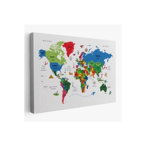 Türkçe Dünya Haritası Dekoratif Kanvas Tablo Ülke-Başkentli Öğretici ve Sembollü 2330