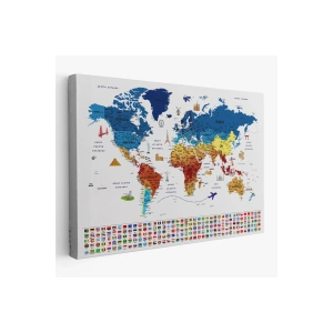 Türkçe Dünya Haritası Eğitici-Öğretici Sembollü Bayraklı Dekoratif Kanvas Tablo 2820