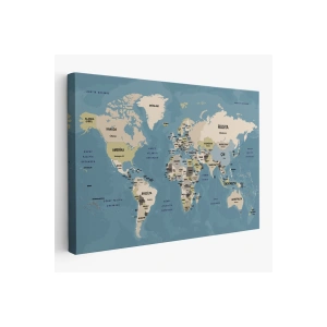 Türkçe Dünya Haritası Kanvas Tablo  Ülke Başkentli ve Okyanus Detaylı Tablo 2742