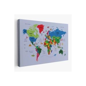Türkçe Dünya Haritası Kanvas Tablo  Ülke Başkentli ve Ünlü Yerler Sembollü 2704