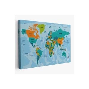 Türkçe Dünya Haritası Ülke Başkentli ve Okyanuslu Dekoratif Kanvas Tablo 2230