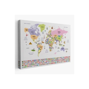 Türkçe Dünya Haritası Ülke Bayrak ve Başkentli Kanvas Tablo 1924