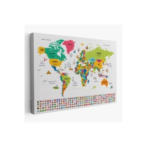 Türkçe Dünya Haritası Ülke Bayrak ve Başkentli Kanvas Tablo 1950