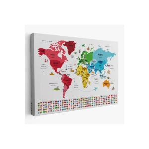 Türkçe Dünya Haritası Ülke Bayrak ve Başkentli Kanvas Tablo 1958