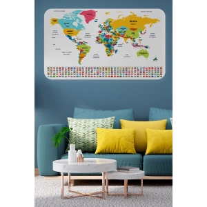 Türkçe Ülke Bayrak lı Eğitici Başkent Detaylı Atlası Dünya Haritası Duvar Sticker -60x105-3834