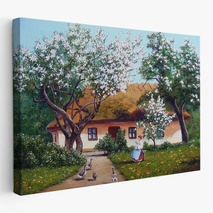 İlkbahar Köy Evi Yağlıboya Görünüm Dekoratif Kanvas Duvar Tablosu-3514