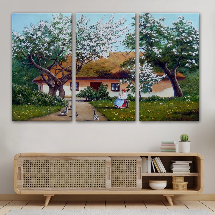 İlkbahar Köy Evi Yağlıboya Görünüm Dekoratif Kanvas Duvar Tablosu-3514