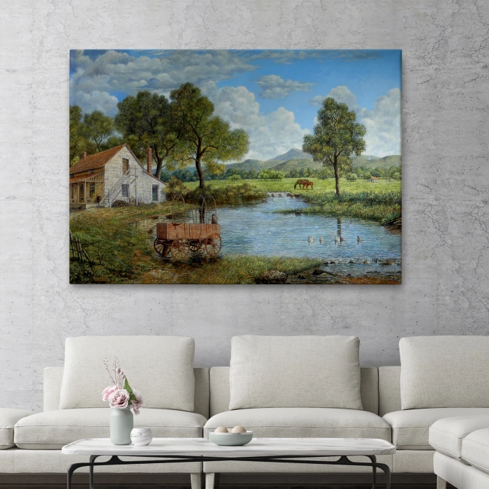 Köy Ve Akarsu Manzaralı Dekoratif Kanvas Duvar Tablosu-3425