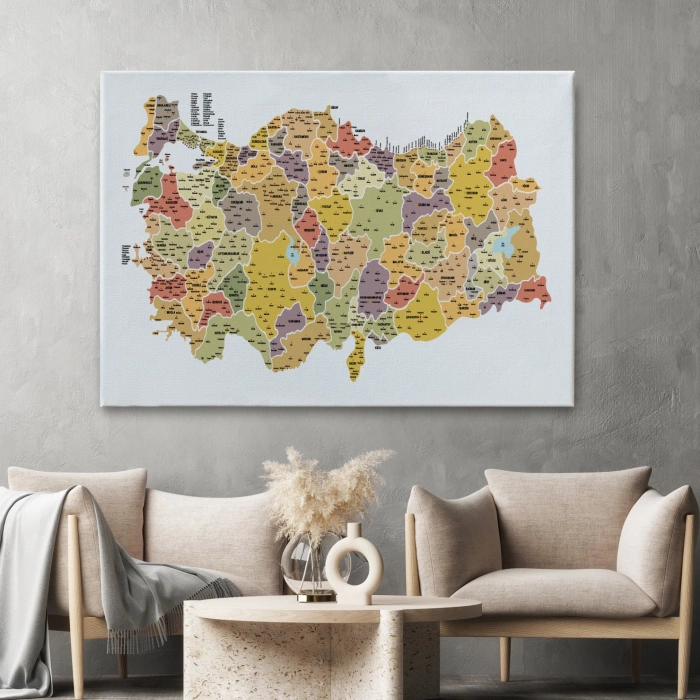 Türkiye Haritası Kanvas Tablo İl ve İlçeli Ayrıntılı Eğitici Dekoratif Tablo 3042