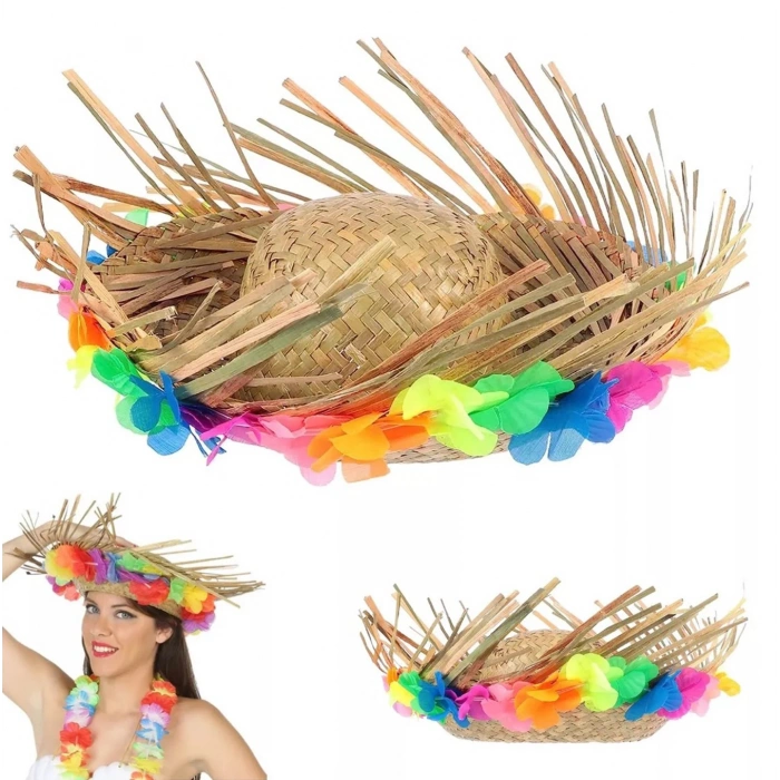 Natural Renkli Püsküllü Örme Hasır Hawaii Şapka