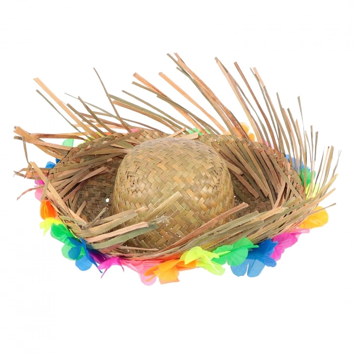 Natural Renkli Püsküllü Örme Hasır Hawaii Şapka