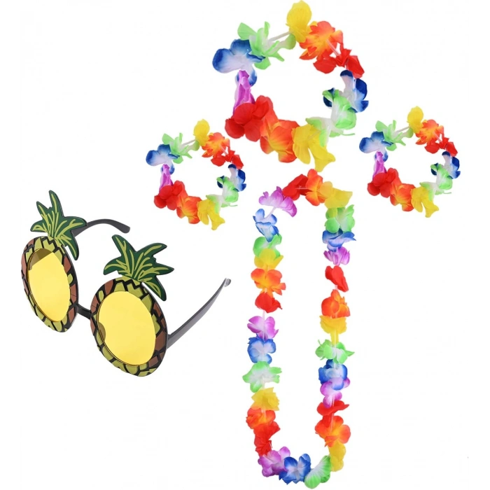 Renkli Ananas Gözlük, Taç, Kolye ve Bileklik Seti