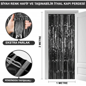 Ekstra Metalize Parlak Saçaklı Arka Fon Perde Siyah