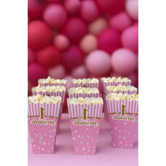 1 Yaş Doğum Günü İçin Pembe Popcorn Kutuları, 8 Adet, Şık Tasarım