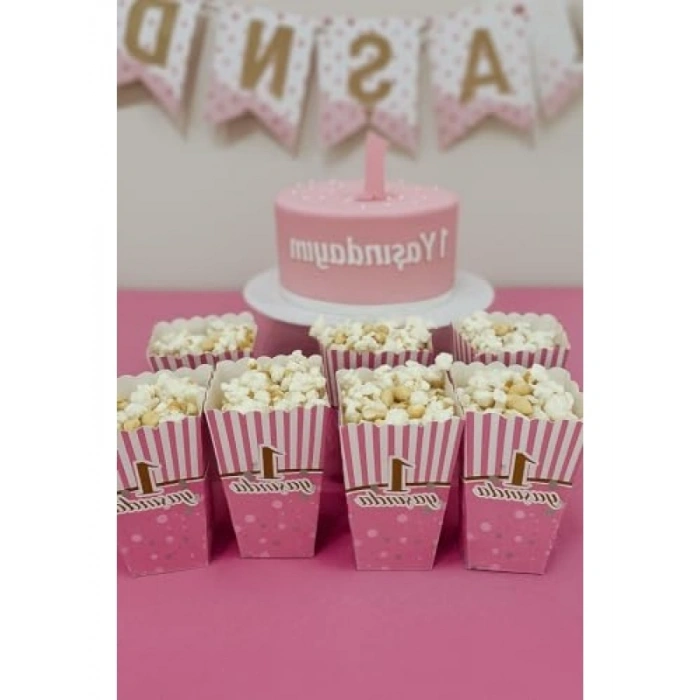 1 Yaş Doğum Günü İçin Pembe Popcorn Kutuları, 8 Adet, Şık Tasarım