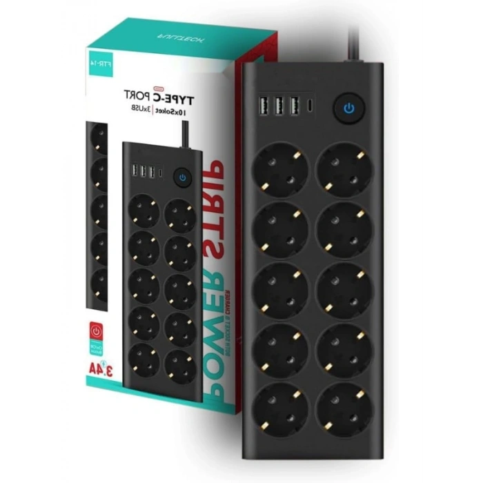 10lu Akım Korumalı Priz, 3 USB, 1 Type-C Giriş, Isıya Dayanıklı, Siyah