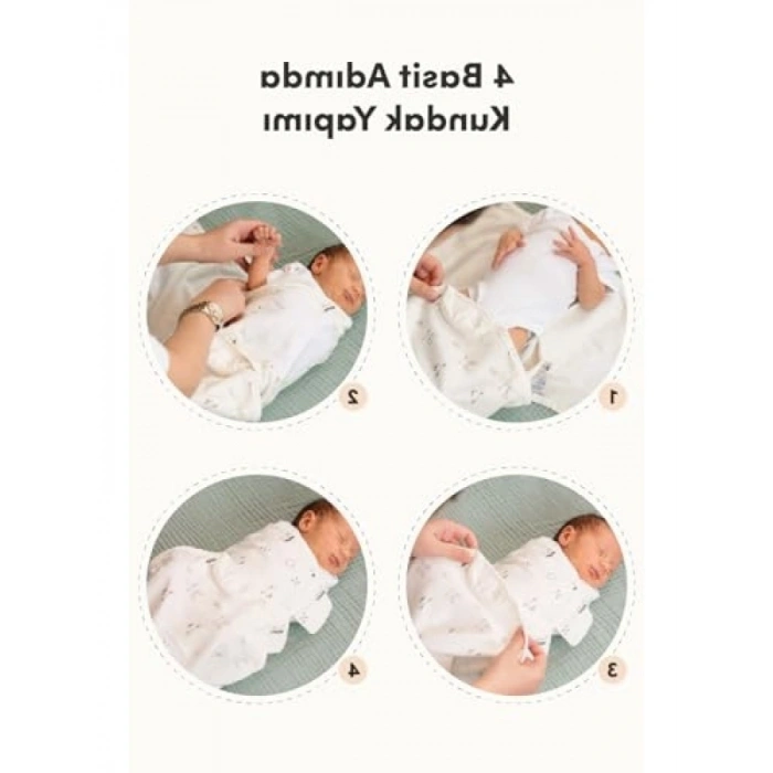 %100 Pamuk 3lü Bebek Kundak ve Uyku Tulumu Seti - 3-6 Ay