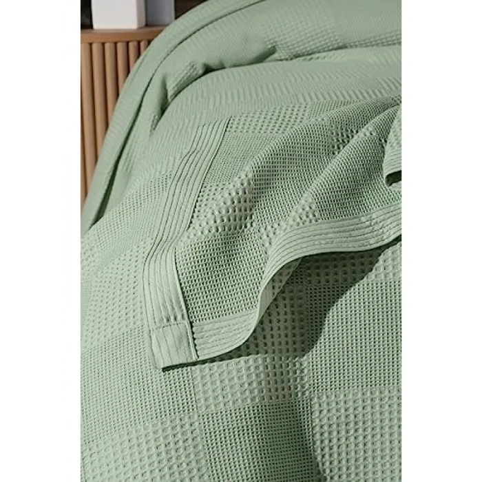 %100 Pamuk Waffle Desenli Kalın İplik Pike Battaniye - 240 x 260 cm (Yeşil)