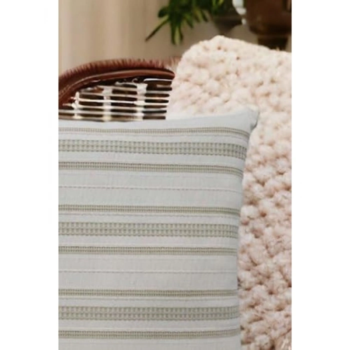 %100 Pamuklu Bohem Tasarım Kırlent Kılıfı 45x45 cm Krem Bej-Yeşil