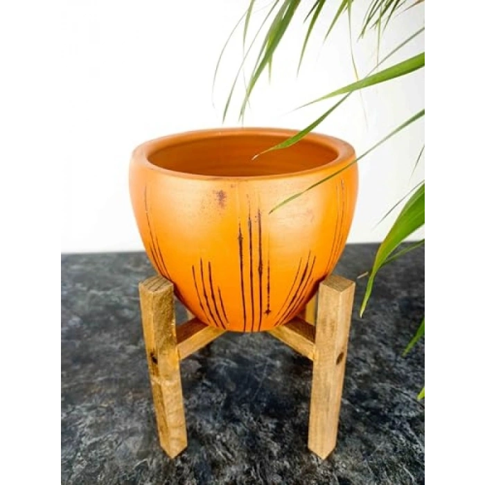 15 cm Siyah Çizgi Desenli Terrakota Saksı, 4 Ayaklı