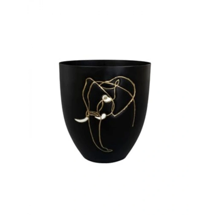 16 cm Çapında Fil Desenli Siyah Metal Saksı