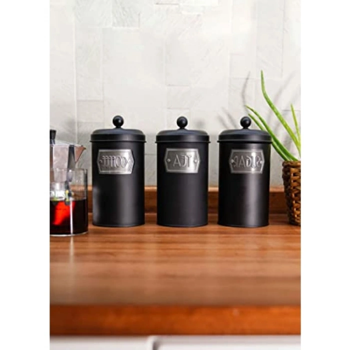 1,60 Litre Siyah Paslanmaz Çelik Çay, Şeker, Kahve Kavanozu