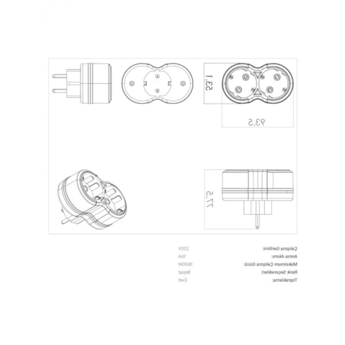2li Topraklı Golyat Priz, 220-240V, 16A