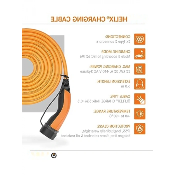 22 kW Üç Fazlı Elektrikli Araç Şarj Kablosu - 5m Uzunluk