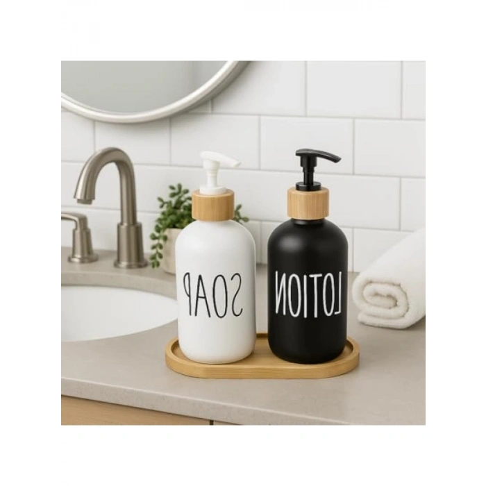 2’li Cam Sıvı Sabunluk ve Losyonluk Seti | 500 ml Siyah & Beyaz