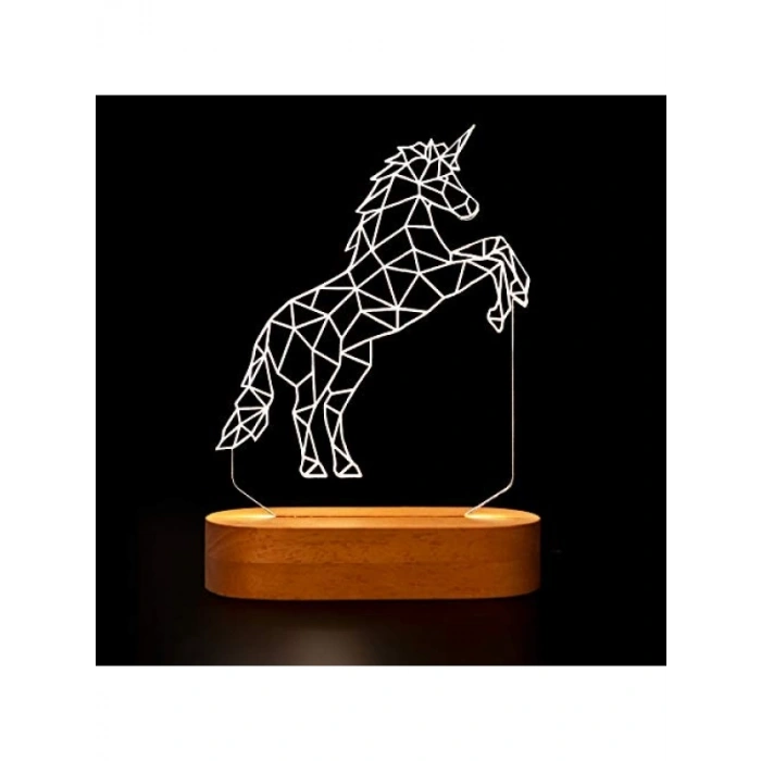 3 Boyutlu Unicorn LED Masa Lambası - USB Bağlantılı, Sarı Işık, 60x140x30 mm