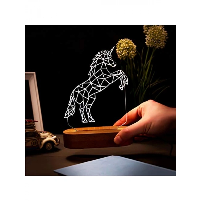 3 Boyutlu Unicorn LED Masa Lambası - USB Bağlantılı, Sarı Işık, 60x140x30 mm
