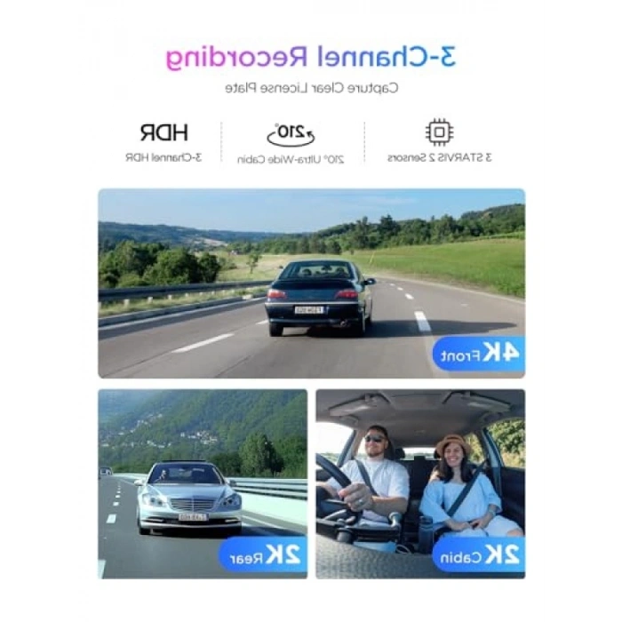 3 Kameralı Araç Kamerası, Ön+Arka+İç, 4K+2K+2K, Wi-Fi, GPS Destekli