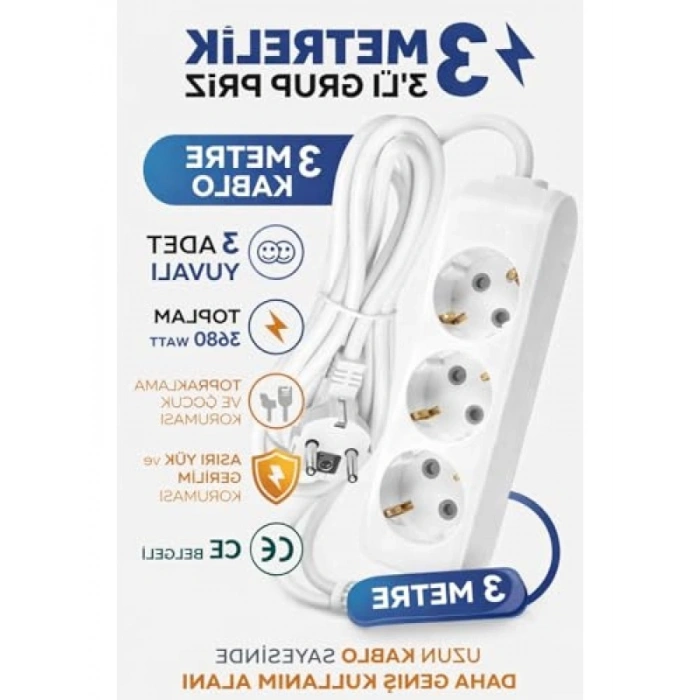 3 Metre Uzatma Kablosu, 3’lü Topraklı Priz
