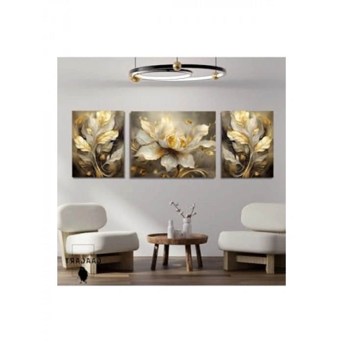 3 Parça Şık Kanvas Duvar Tablosu, Gold Sarı Beyaz Çiçek Tasarım, 40 x 60 cm