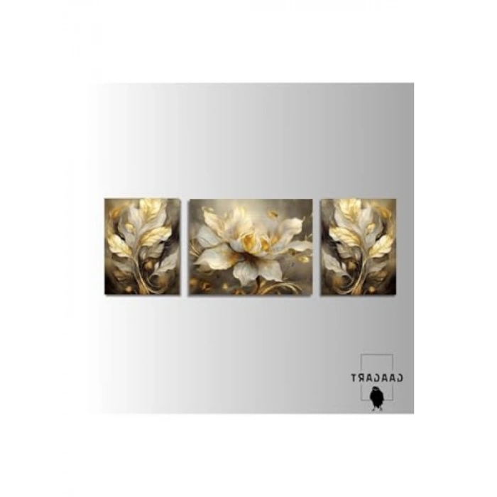 3 Parça Şık Kanvas Duvar Tablosu, Gold Sarı Beyaz Çiçek Tasarım, 40 x 60 cm
